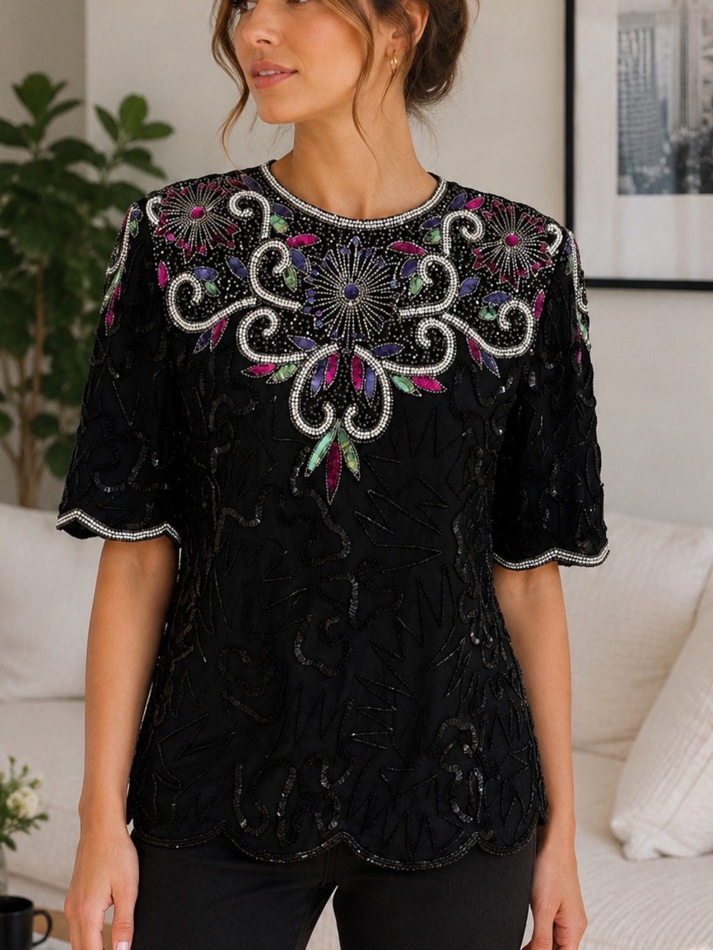 Vintage Lawrence Kazar Silk Beaded Sequin Top Black Evening Blouse Medium